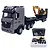 HuiNa 1522 RC semi truck in silver with a flatbed trailer carrying a yellow excavator, shown both assembled and inside its retail packaging.