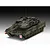 A studio shot of a fully assembled and painted 1/35 scale Revell Leopard 2A7A1 battle tank model with camouflage paint and red and white warning markers.