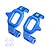 A pair of blue anodized aluminium C-hub steering carriers for RC cars, marked with L and R, alongside four small white plastic bushings.
