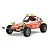 A Tamiya Racing Buggy Champ 1/10 scale RC car in orange and white with racing decals, featuring a driver figure and four yellow spotlights.