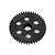 A black plastic spur gear with a hexagonal center hole and six circular weight-reduction holes, isolated on a white background.