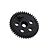 A black plastic RC spur gear with a central hole and several smaller holes around it, isolated on a white background.