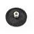 A black plastic spur gear with a silver metal center hub, isolated on a white background.