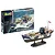 A Revell 1/144 scale Kriegsfischkutter model kit box next to a fully assembled and painted model of the warboat on a display stand.