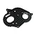 A black anodized aluminium motor mount plate by Yeah Racing with machined cooling fins and mounting holes.