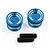 Two blue anodized aluminium twist nuts with silver accents and two black threaded grub screws on a white background.