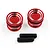 Two red anodized aluminium twist nuts with silver accents and two black threaded grub screws on a white background.