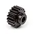A dark brown metal 18-tooth pinion gear with a set screw hole, isolated on a white background.