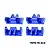 Four blue anodized aluminium lower shock mounts by GPM Racing, shown from different angles on a white background.