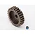 A steel 1-module pinion gear for RC cars, shown with a small grub screw with blue thread locker.