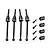 A set of four black GPM Racing carbon steel CVD driveshafts, four drive cups, and four small threaded pins arranged on a white background.