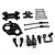 A collection of black anodized aluminium RC car upgrade parts including a motor mount, suspension arms, and drive shafts on a white background.