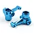 Two blue anodized aluminium front steering hubs for an RC car, shown from different angles on a white background.