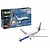 A Revell 1/288 scale Boeing 737-800 plastic model kit box next to a fully assembled and painted model airplane.