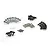 A collection of various metal screws, pins, and washers from a Tamiya RC parts bag, arranged on a white background.