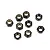 A top-down view of eight black metal nyloc nuts with nylon inserts arranged on a white background.