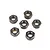 A top-down view of six black metal nyloc nuts arranged on a plain white background.