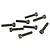 A collection of eight dark grey metal cap head screws scattered on a white background.