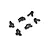A set of six black plastic RC car suspension parts, including steering hubs, C-hubs, and rear hubs, arranged on a white background.