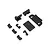 A collection of black plastic RC chassis parts including brackets, a cover plate, and a honeycomb-patterned mount.