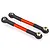 Two orange anodized aluminum RC suspension linkages with black plastic rod ends and metal pivot balls on a white background.