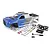 Maverick 1/16 QBit MT painted blue and silver truck body shell with included decal sheet, plastic mounting parts, and screws on a white background.