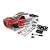 Maverick 1/16 QBit MT painted red and silver truck body shell with included decal sheet, plastic mounting parts, and screws on a white background.