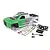A green and silver painted RC truck body shell for the Maverick 1/16 QBit MT, including a decal sheet, plastic accessories, and small screws.