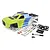 A fluoro green, blue, and silver painted RC truck body shell with a decal sheet and small black plastic accessories on a white background.