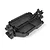 A black plastic main chassis tub for an RC vehicle, shown from a high-angle perspective against a white background.