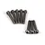 A set of eight dark grey metal button head screws with coarse threads arranged on a white background.