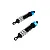 Two HSP RC shock absorbers with black bodies, black springs, and blue anodized aluminum top caps, isolated on a white background.