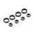 A set of eight metal shielded ball bearings of two different sizes arranged on a white background.
