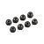 A set of eight black steel 4mm nyloc nuts arranged on a white background.
