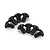 Eight black metal button head screws arranged in two curved rows on a white background.