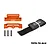 GPM Racing orange aluminium battery hold-down set with black velcro strap and three screws on a white background.