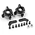 A set of two black aluminium steering hub carriers, two carbon fiber linkage plates, eight small screws, and two metal lock nuts on a white background.
