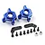 A set of blue anodized aluminium steering hub carriers, two carbon fiber linkage plates, eight black screws, and two silver lock nuts on a white background.