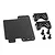 A Yeah Racing servo mount set including a carbon fibre plate, two black aluminium mounts, and four small screws on a white background.