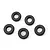 Five black Mickey Thompson Baja Boss RC crawler tyres arranged on a white background.