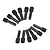 A set of twelve black metal grub screws arranged in a semi-circular pattern against a white background.