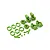 A set of bright green plastic RC car suspension parts including hub carriers, rings, and small brackets on a white background.