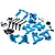 A collection of blue anodized aluminium RC car upgrade parts for Tamiya TT-02, including suspension arms, steering knuckles, and drive shafts.