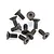 A collection of ten black metal countersunk hex head screws scattered on a white surface.