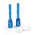 Two blue anodized aluminium RC outdrive cups standing upright with a small white plastic parts tree on a white background.