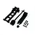A disassembled black plastic 1/10 scale floor jack kit for RC cars, including the main frame, handle, lifting arm, and small hardware components.