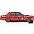 A side-profile illustration of a red Scalextric 1/32 scale Ford XY Falcon slot car, featuring racing livery including number 1 and Allan Moffat branding.