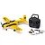 HobbyZone T-28 Trojan RC plane in yellow and black with a 5-channel transmitter, two batteries, USB charger, and spare propeller on a white background.