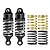 Two black GPM Racing adjustable RC shock absorbers with silver springs installed, plus two additional pairs of spare springs in gold and black.