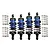 Four GPM Racing aluminium shock absorbers in blue and black, with two additional loose springs, displayed against a white background.